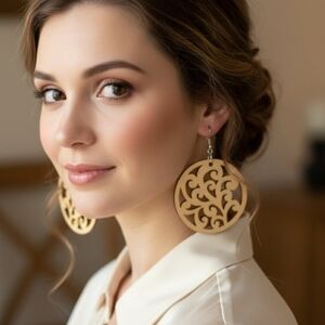 Round wooden dangle earrings, round wooden earrings